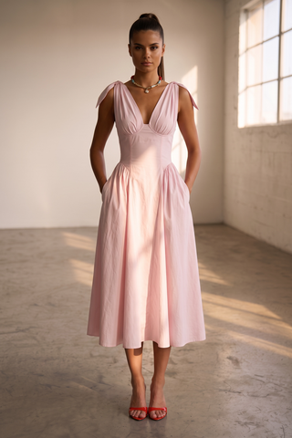 Tie-Shoulder V-Neck Open Back Flared Midi Dress