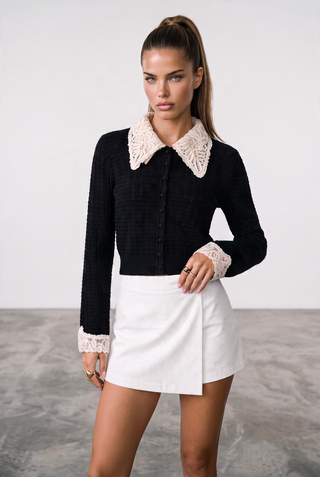 Embroidered Collar Long Sleeve Pointelle Knit Cardigan