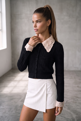 Embroidered Collar Long Sleeve Pointelle Knit Cardigan