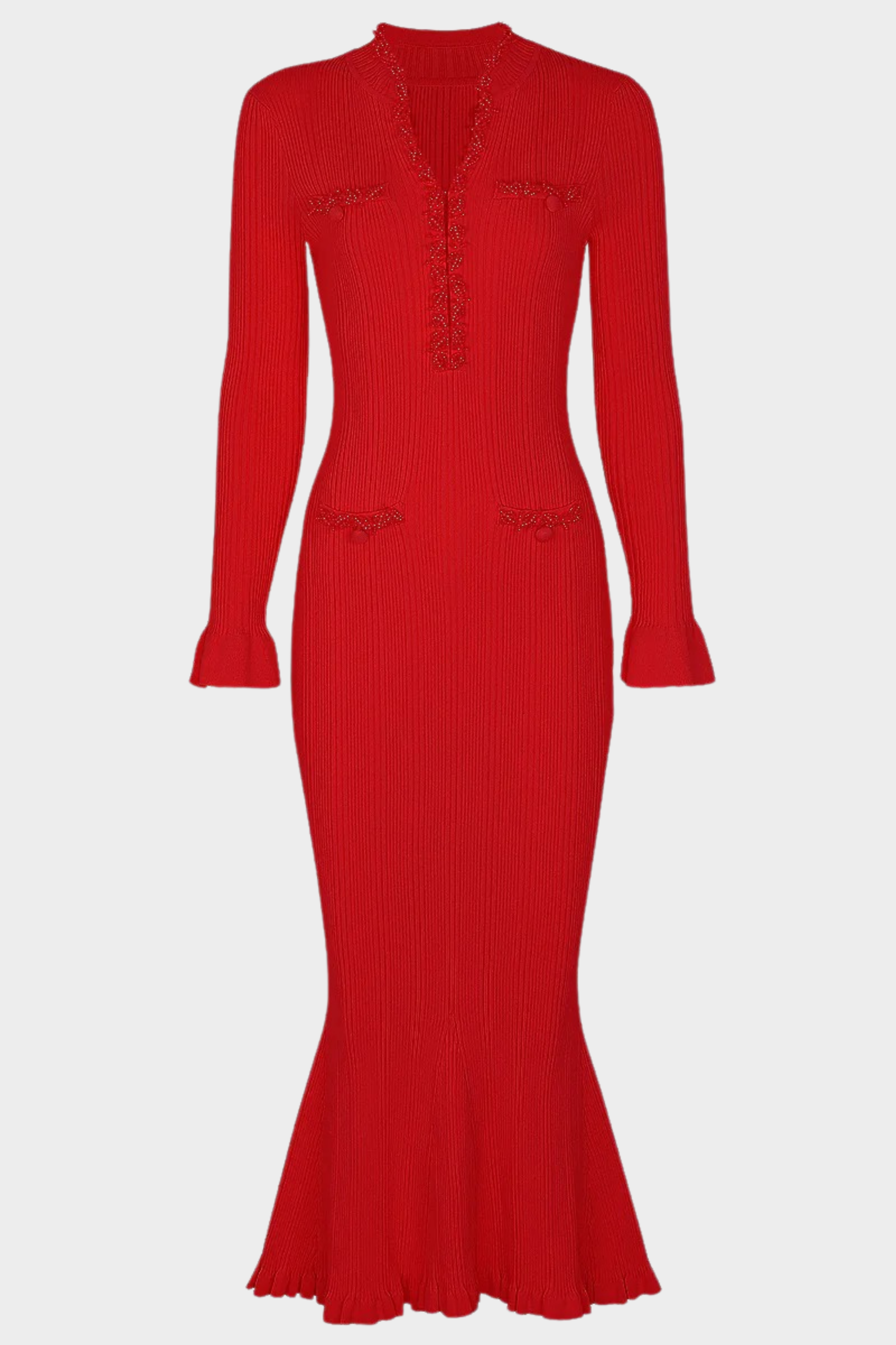 Ribbed Knit Long Dress with Pearl Trim Details & Long Sleeves – Nevo
