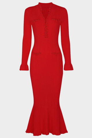 Ribbed Knit Long Dress with Pearl Trim Details & Long Sleeves