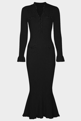 Ribbed Knit Long Dress with Pearl Trim Details & Long Sleeves Ribbed Knit Long Dress with Pearl Trim Details & Long Sleeves