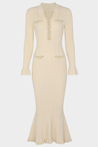 Ribbed Knit Long Dress with Pearl Trim Details & Long Sleeves