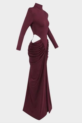 Ruched High-Neck Long Sleeve Long Dress