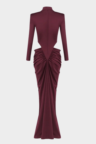 Ruched High-Neck Long Sleeve Long Dress
