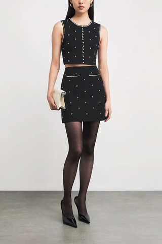 Pearl Accent Knit Two-Piece Set – Sleeveless Crop Top & Mini Skirt