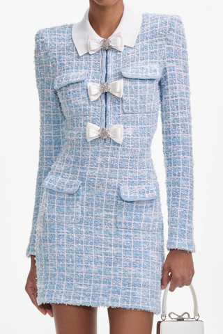 Elegant Long Sleeve Tweed Mini Dress with Bow Detail & Peter Pan Collar