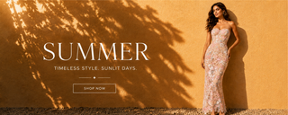 Woman in a strapless dress against a yellow wall with 'Summer' text and sunlit background.