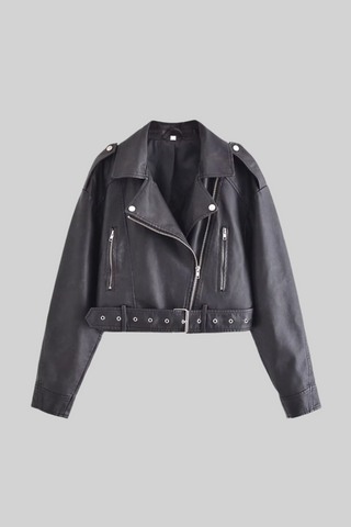 Retro Cropped Leather Jacket with Belt