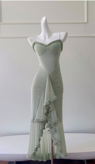 Elegant Sleeveless Long Mesh Dress with Ruffled Details