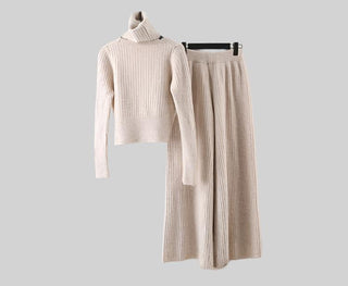 3-Piece Knitted Set - V-Neck Sweater, Cardigan, and Wide-Leg Pants