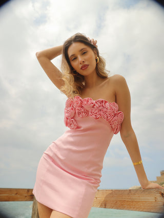 Celia Strapless Back Tie Flower Pink Mini Dress