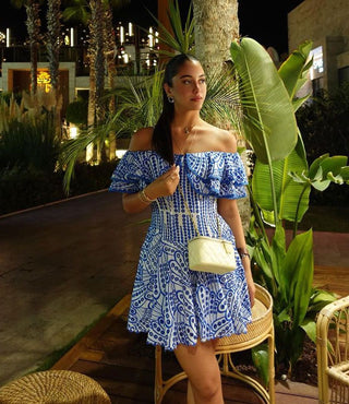 Breezy Off Shoulder Embroidered Mini Dress