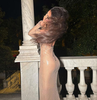 Star Night Backless Long Sleeve Sequin Long Dress