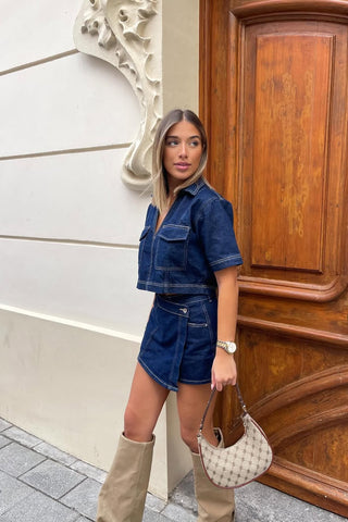 Short Sleeve Denim Top & Asymmetric Skort Set