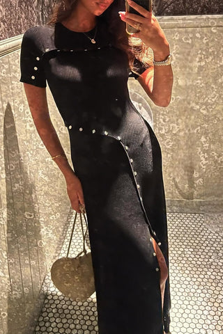 Half-Sleeve Knit Midi Dress with Curved Button Detailing