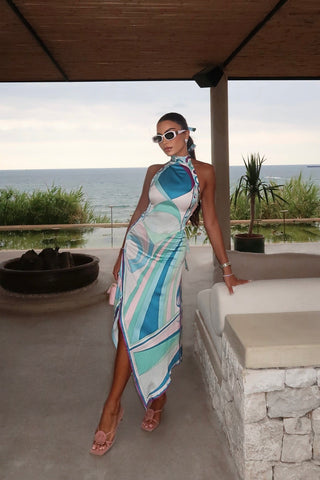 Two-Piece Satin Halter Top and Asymmetric Skirt Set with Abstract Print