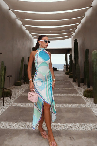 Two-Piece Satin Halter Top and Asymmetric Skirt Set with Abstract Print