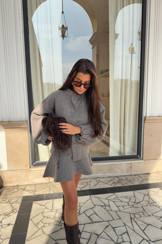 Two-Piece Wool Blend Set with Ruffled Collar Top and Flared Mini Skirt