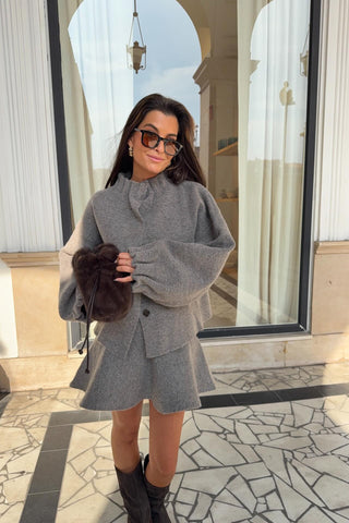 Two-Piece Wool Blend Set with Ruffled Collar Top and Flared Mini Skirt