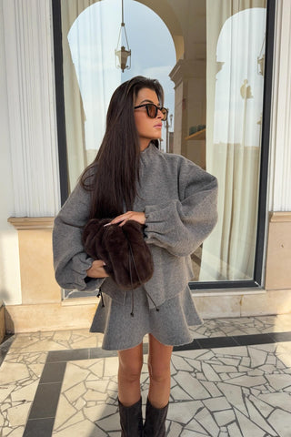 Two-Piece Wool Blend Set with Ruffled Collar Top and Flared Mini Skirt