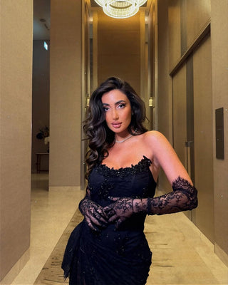 Strapless Black Lace Sheer Panel Long Dress with Gloves