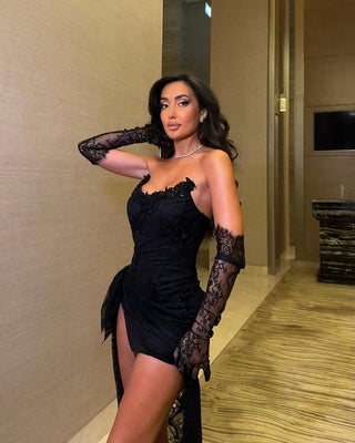 Strapless Black Lace Sheer Panel Long Dress with Gloves
