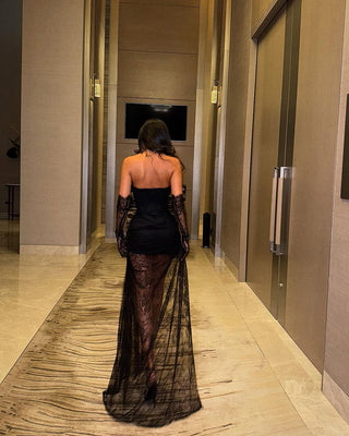 Strapless Black Lace Sheer Panel Long Dress with Gloves