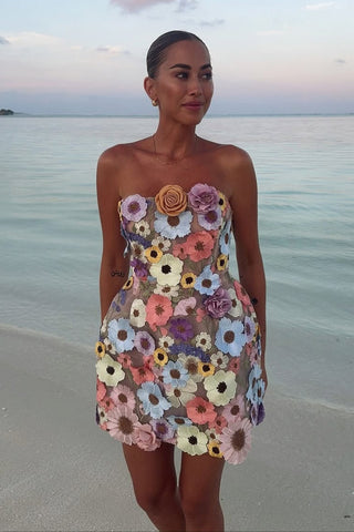 Strapless Floral Embroidered   with Lace-Up Back  Mini Dress