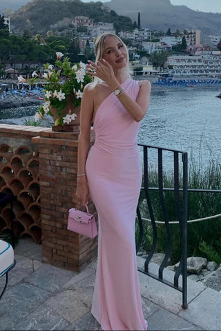 One-Shoulder Backless  Waist Bow Lycra Long Dress