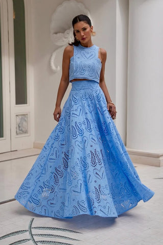 Sky Bloom Embroidered Eyelet Set  Round Neck Crop Top & High-Waist Maxi Skirt