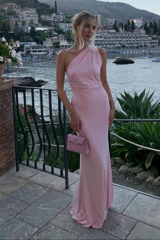 One-Shoulder Backless  Waist Bow Lycra Long Dress