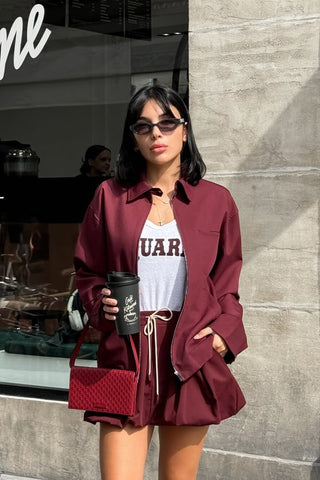 Burgundy Oversized Jacket and Bubble Skort Set