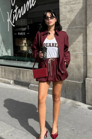 Burgundy Oversized Jacket and Bubble Skirt Set