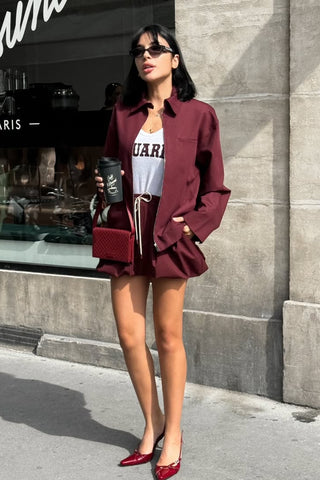 Burgundy Oversized Jacket and Bubble Skort Set