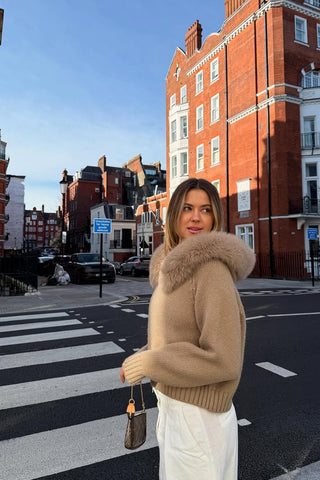 Faux Fur Trimmed Knitted Hooded Cardigan