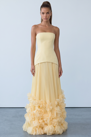 Strapless Lace-Up Corset Long Dress with Pleated Skirt and 3D Floral Trim
