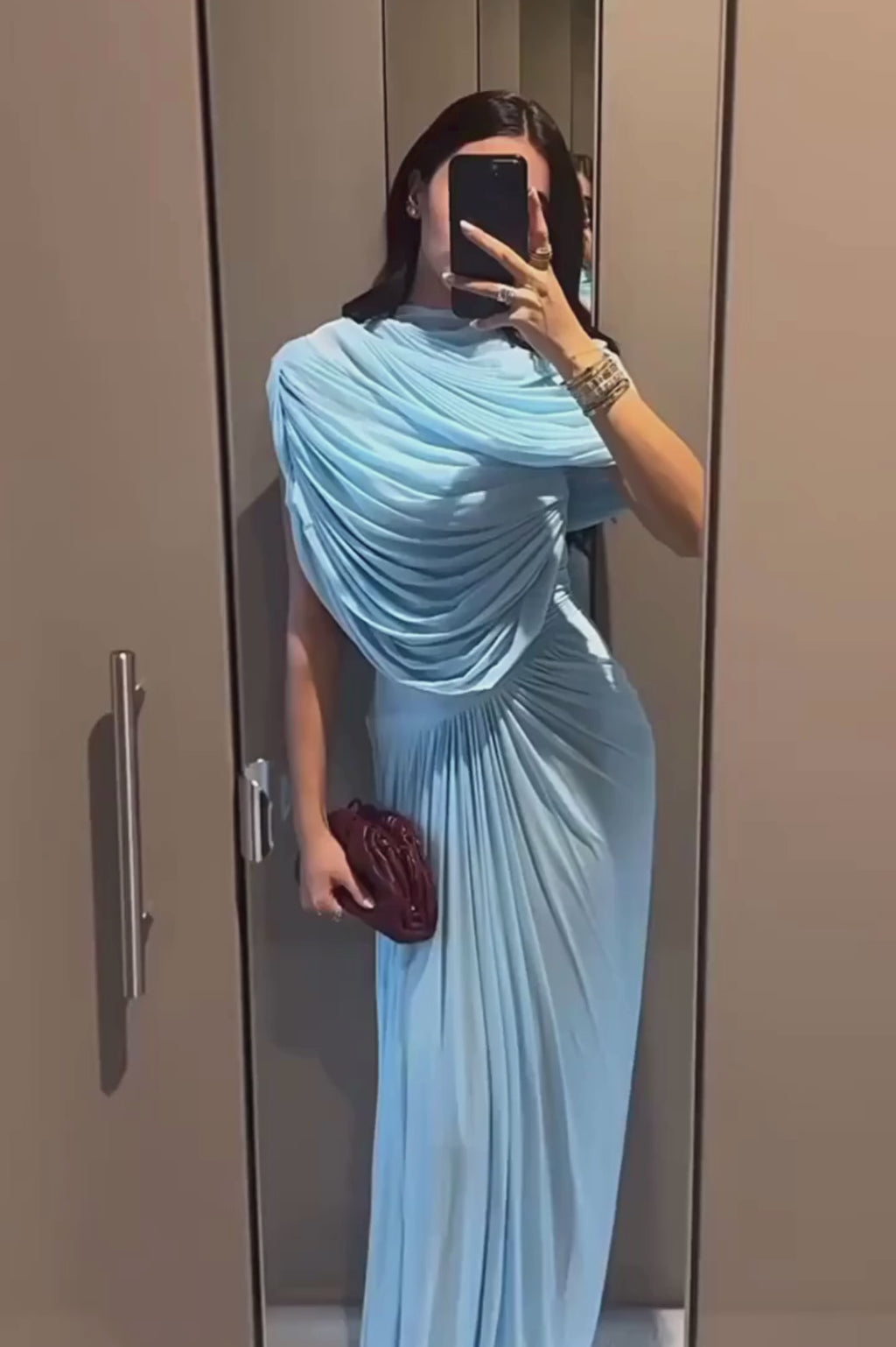 Asymmetrical Draped Mesh Evening Long Dress with Pleated Waist & Shoulder Wrap