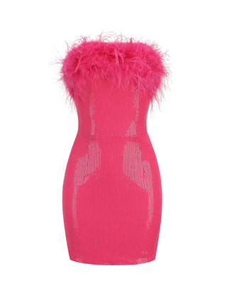 Salva Sequin Feather Strapless Mini Dress