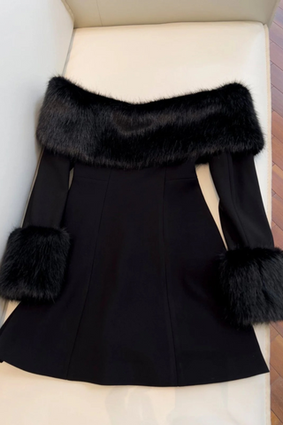 Black Off-Shoulder Long Sleeve Mini Dress with Faux Fur Trim