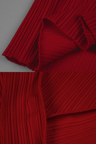 Red Long-Sleeve High-Neck Ribbed Maxi Dress
