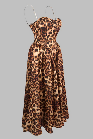Leopard Print Corset Midi Dress with Crystal Straps