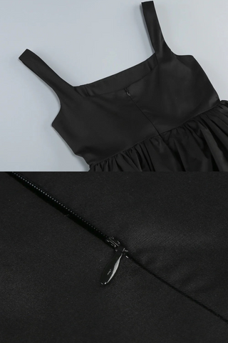 Sleeveless Black Square Neck Mini Dress with Layered Ruffle Skirt