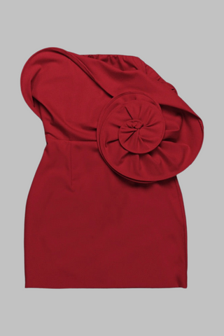 Red Strapless Mini Dress with Oversized Rosette Detail