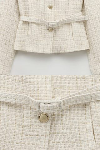 Belted Textured Tweed Suit Jacket – Elegant Button-Front Blazer with Pocket Detail