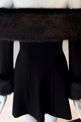 Black Off-Shoulder Long Sleeve Mini Dress with Faux Fur Trim