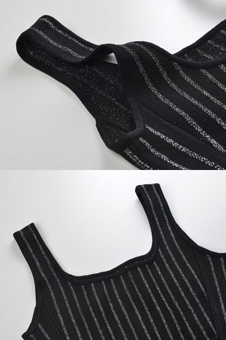 Black-Silver Shiny Knitted Sleeveless Mini Dress
