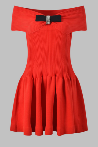Off-Shoulder Bow Detail Ribbed Knit Mini Dress