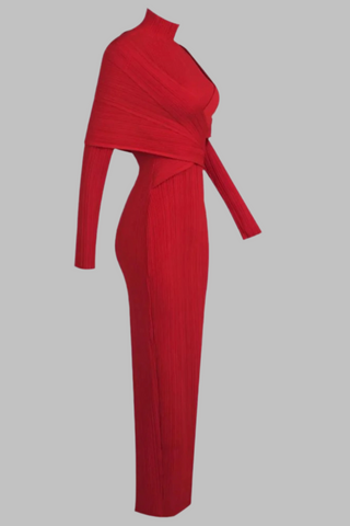 Red Long-Sleeve High-Neck Ribbed Maxi Dress