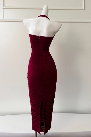 Burgundy Ruched Halter Midi Dress